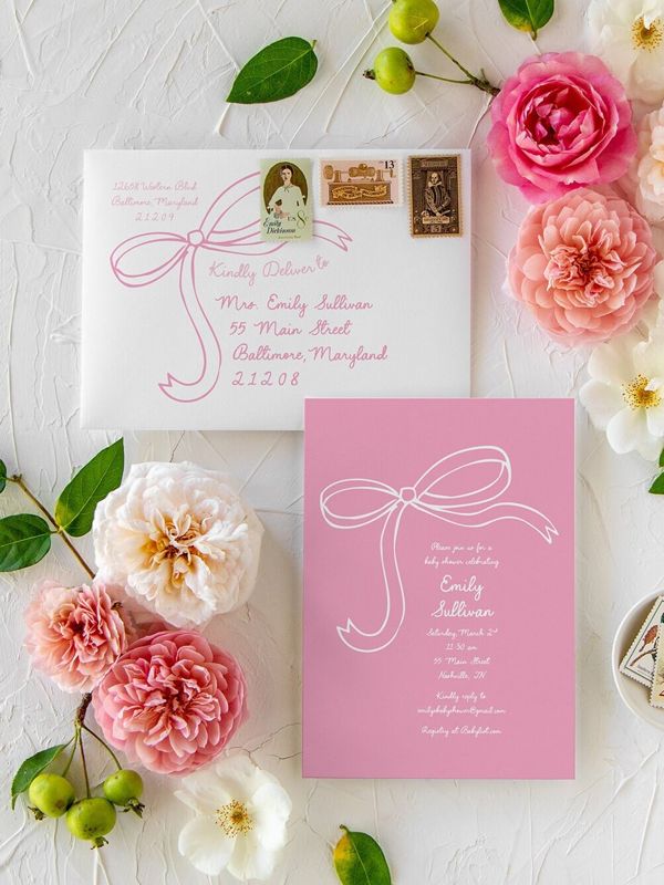 Pink Bow Baby Girl Shower Invitations, Girl Baby Sprinkle Invites Winter, Girl Birthday Party, First Birthday, Any age (10 printed invitations | Plain White Envelopes)