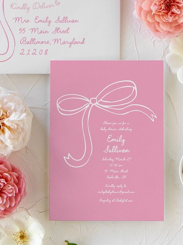Pink Bow Baby Girl Shower Invitations, Girl Baby Sprinkle Invites Winter, Girl Birthday Party, First Birthday, Any age (10 printed invitations | Plain White Envelopes)
