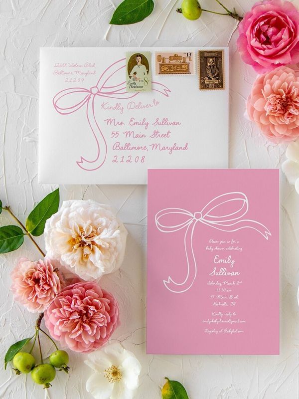 Pink Bow Baby Girl Shower Invitations, Girl Baby Sprinkle Invites Winter, Girl Birthday Party, First Birthday, Any age (10 printed invitations | Plain White Envelopes)
