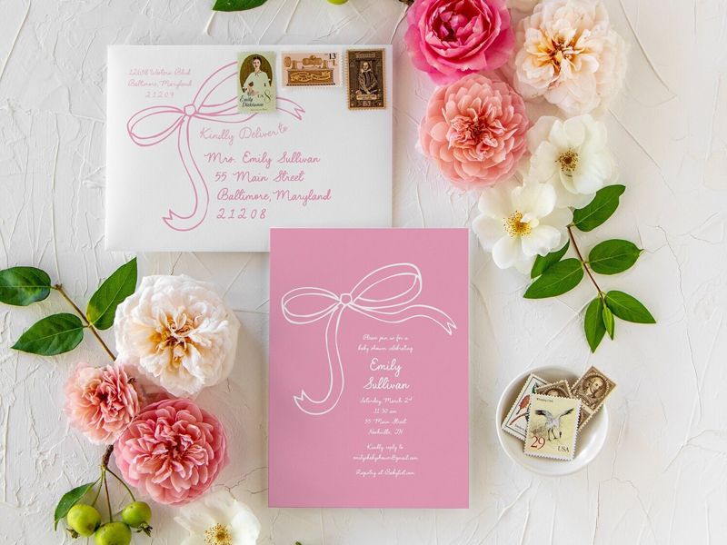 Pink Bow Baby Girl Shower Invitations, Girl Baby Sprinkle Invites Winter, Girl Birthday Party, First Birthday, Any age (10 printed invitations | Plain White Envelopes)