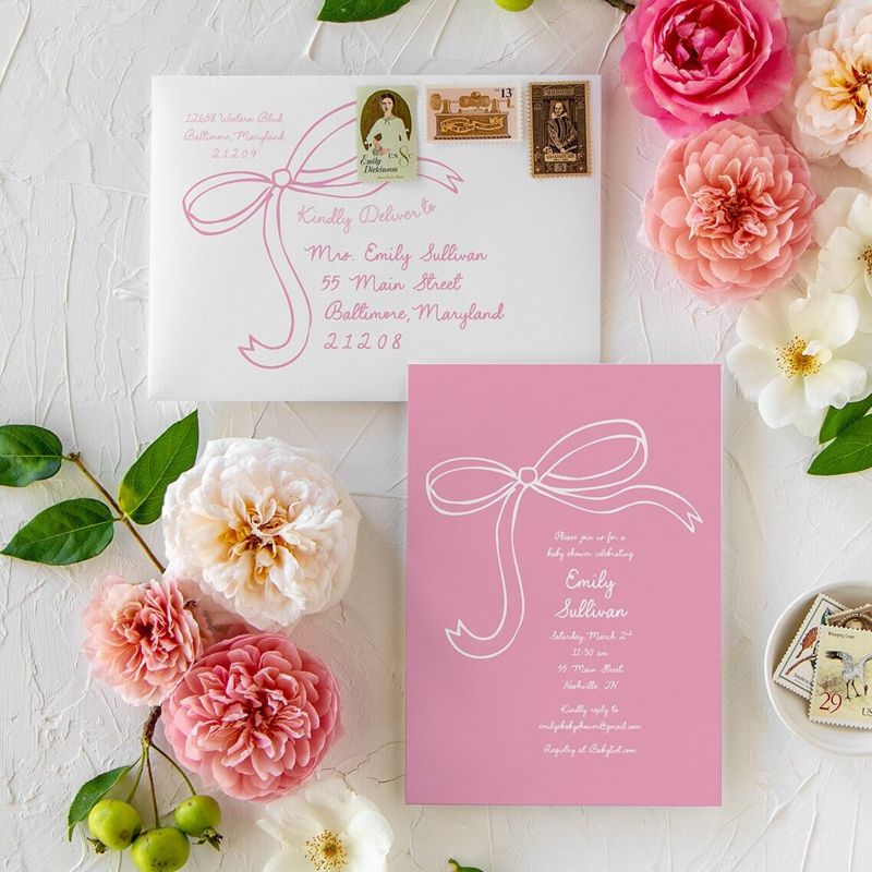 Pink Bow Baby Girl Shower Invitations, Girl Baby Sprinkle Invites Winter, Girl Birthday Party, First Birthday, Any age (10 printed invitations | Plain White Envelopes)