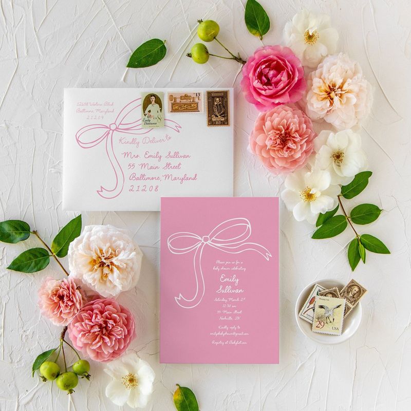 Pink Bow Baby Girl Shower Invitations, Girl Baby Sprinkle Invites Winter, Girl Birthday Party, First Birthday, Any age (10 printed invitations | Plain White Envelopes)