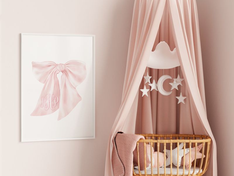 Monogram Wall Art for Girls Room with Pink Bow - Art Print for Girl Room Decor - Baby Girl Nursery - Grandmillenial Girls Room (5x7)
