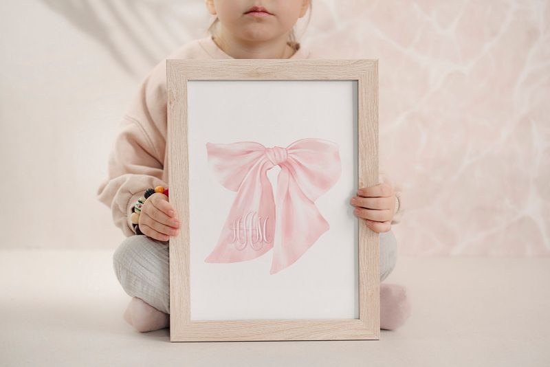Monogram Wall Art for Girls Room with Pink Bow - Art Print for Girl Room Decor - Baby Girl Nursery - Grandmillenial Girls Room (5x7)