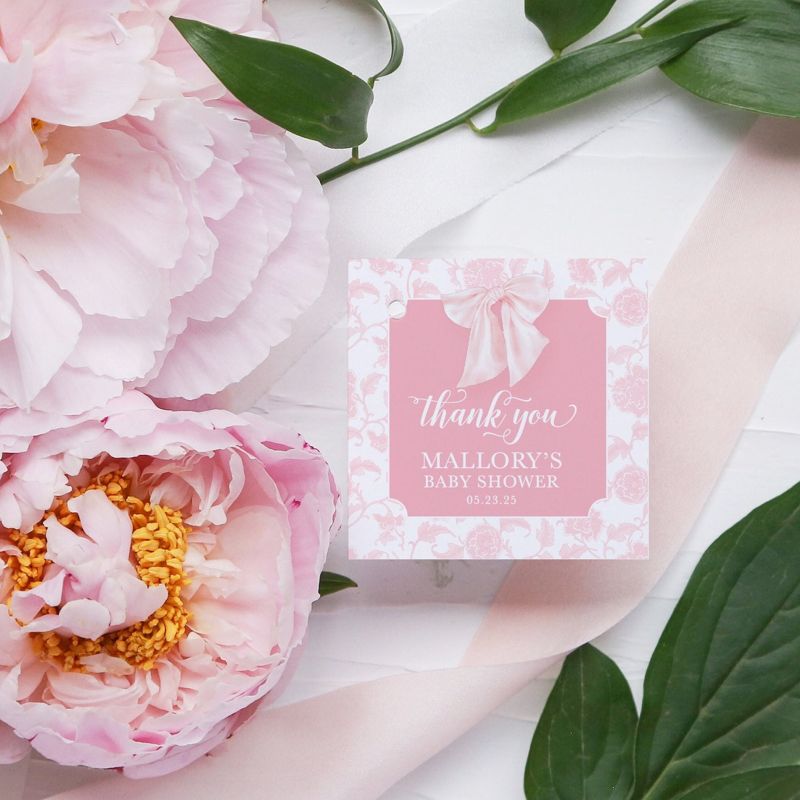 Pink Chinoiserie Favor Tags - Baby Shower Favor - Monogram Heirloom Bow Tag - Printable Favor Tag - Square Printable Tag - Chinoiserie Chic