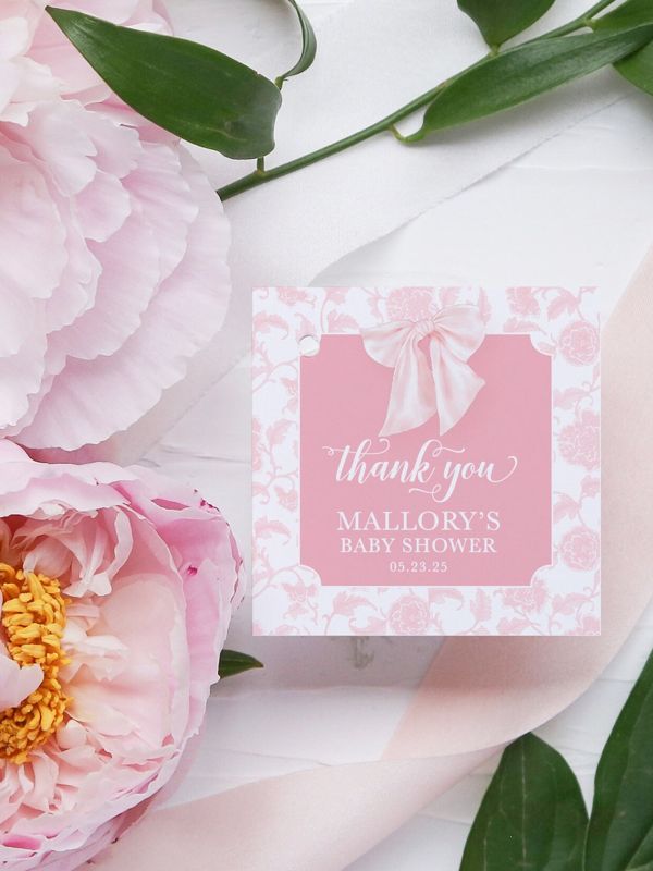 Pink Chinoiserie Favor Tags - Baby Shower Favor - Monogram Heirloom Bow Tag - Printable Favor Tag - Square Printable Tag - Chinoiserie Chic