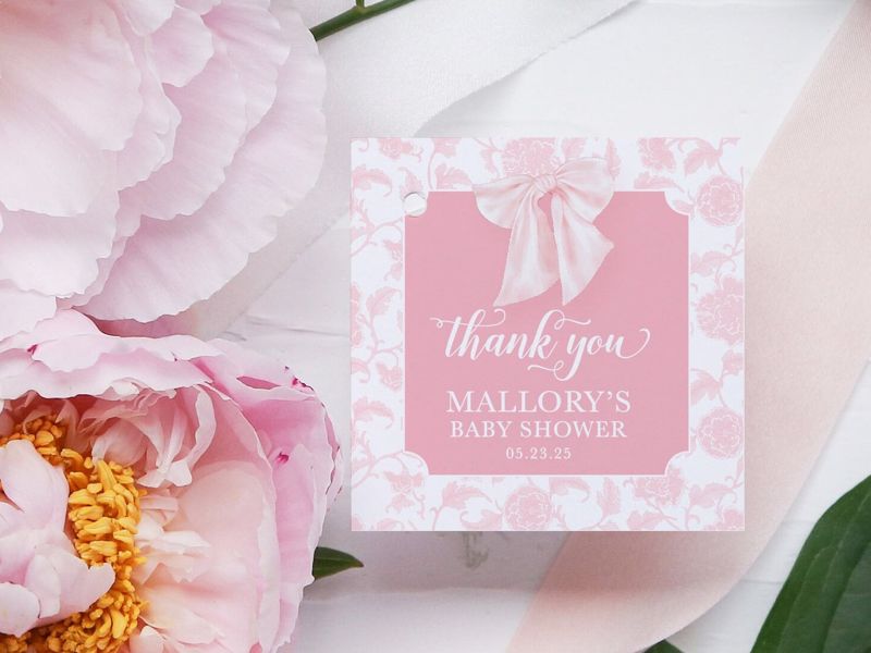 Pink Chinoiserie Favor Tags - Baby Shower Favor - Monogram Heirloom Bow Tag - Printable Favor Tag - Square Printable Tag - Chinoiserie Chic