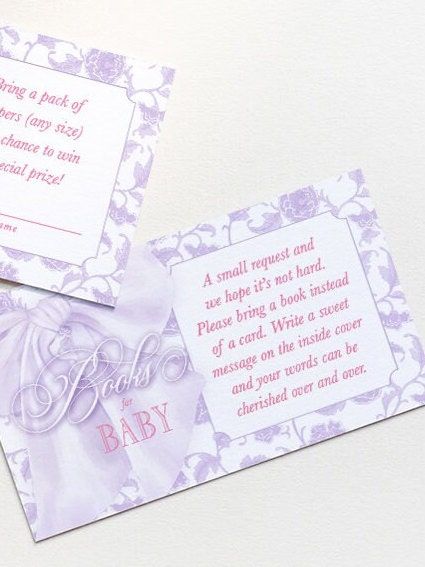 Purple Bow Baby Shower Books for Baby or Diaper Raffle Insert Cards Printed - Baby Girl Sprinkle - Purple Toile Girl - (20 printed cards, Diaper Raffle)