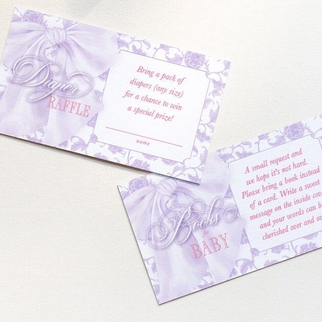 Purple Bow Baby Shower Books for Baby or Diaper Raffle Insert Cards Printed - Baby Girl Sprinkle - Purple Toile Girl - (20 printed cards, Diaper Raffle)