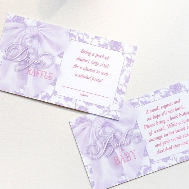 Purple Bow Baby Shower Books for Baby or Diaper Raffle Insert Cards Printed - Baby Girl Sprinkle - Purple Toile Girl - (20 printed cards, Diaper Raffle)