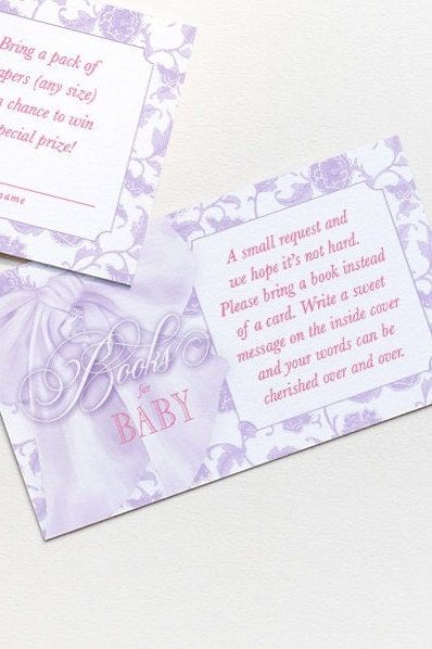 Purple Bow Baby Shower Books for Baby or Diaper Raffle Insert Cards Printed - Baby Girl Sprinkle - Purple Toile Girl - (20 printed cards, Diaper Raffle)