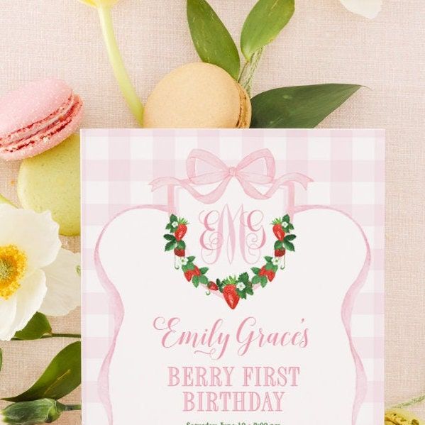 Berry First Birthday Invitation - Strawberry Girl Birthday - Strawberry Monogram - Pink Bow Party - Berry 1st Birthday