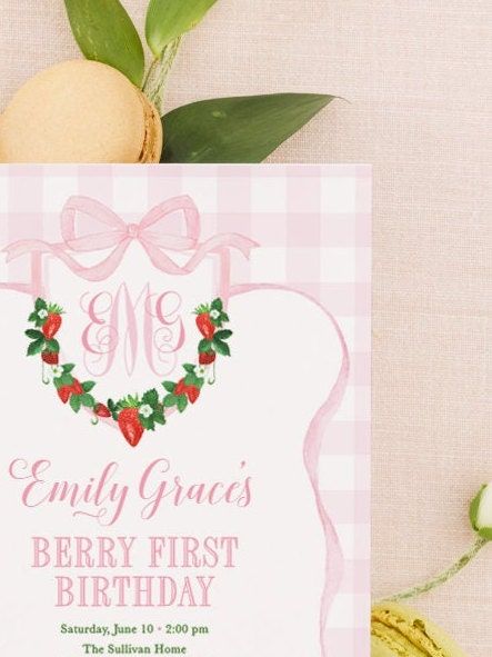 Berry First Birthday Invitation - Strawberry Girl Birthday - Strawberry Monogram - Pink Bow Party - Berry 1st Birthday
