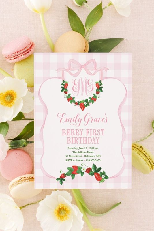 Berry First Birthday Invitation - Strawberry Girl Birthday - Strawberry Monogram - Pink Bow Party - Berry 1st Birthday