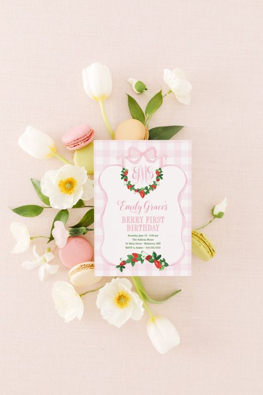 Berry First Birthday Invitation - Strawberry Girl Birthday - Strawberry Monogram - Pink Bow Party - Berry 1st Birthday