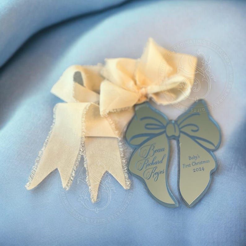Blue Bow Keepsake Christmas Ornament Baby Boy baby’s First christmas ornament birth statistic ornament birth information stats (Frosted blue)