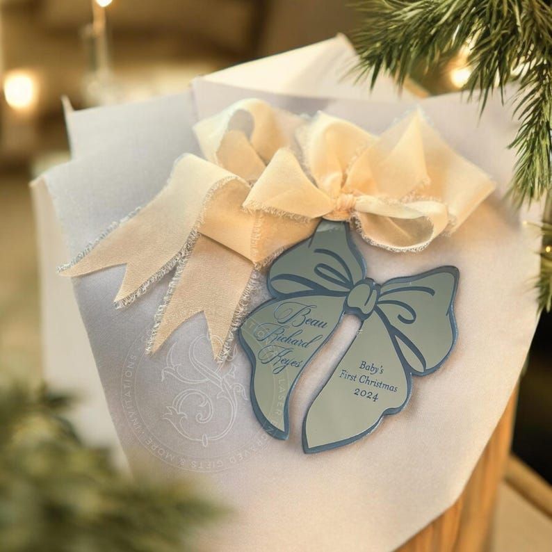 Blue Bow Keepsake Christmas Ornament Baby Boy baby’s First christmas ornament birth statistic ornament birth information stats (Frosted blue)