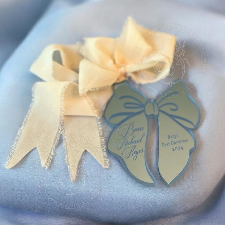 Blue Bow Keepsake Christmas Ornament Baby Boy baby’s First christmas ornament birth statistic ornament birth information stats (Frosted blue)
