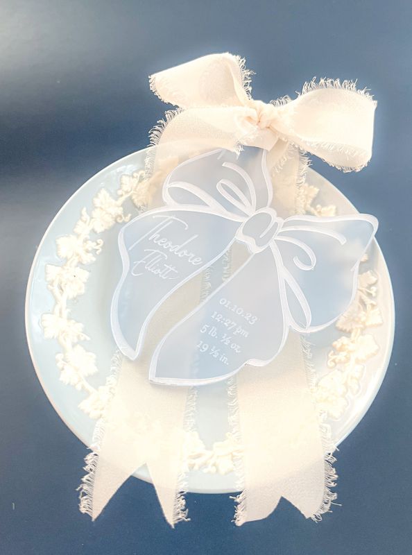 Blue Bow Keepsake Christmas Ornament Baby Boy baby’s First christmas ornament birth statistic ornament birth information stats (Frosted blue)