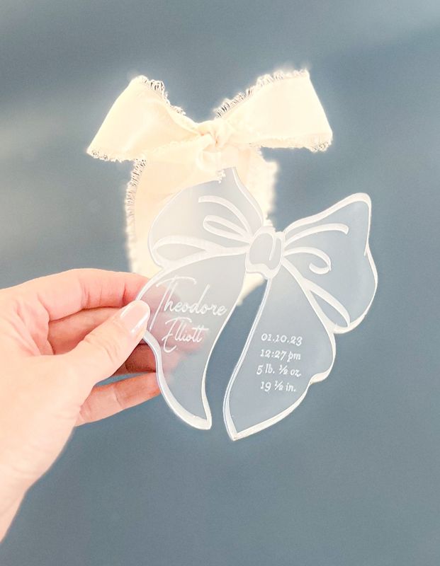 Blue Bow Keepsake Christmas Ornament Baby Boy baby’s First christmas ornament birth statistic ornament birth information stats (Frosted blue)