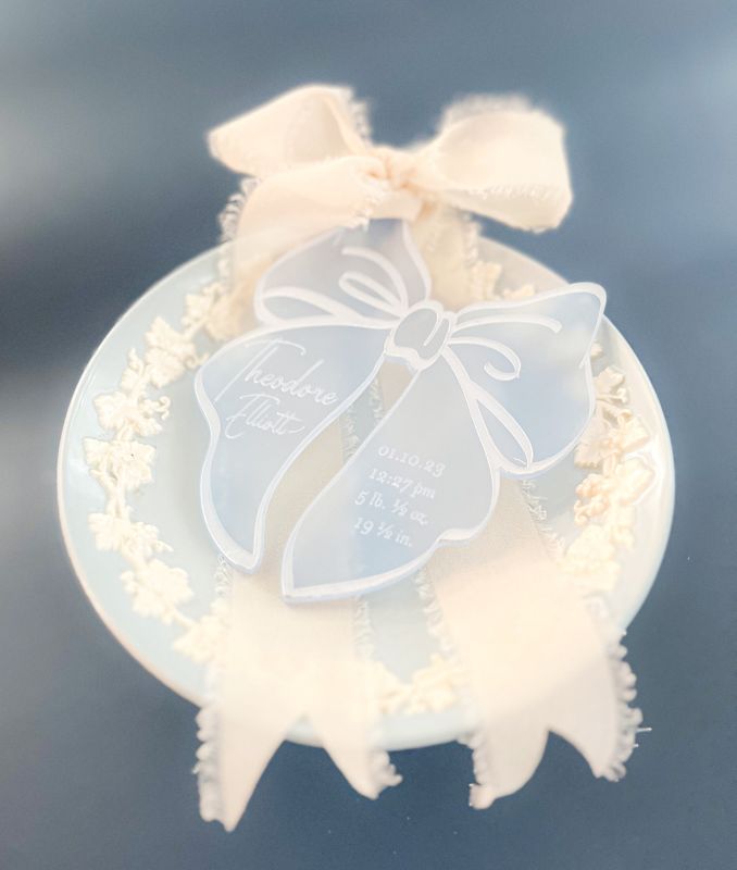 Blue Bow Keepsake Christmas Ornament Baby Boy baby’s First christmas ornament birth statistic ornament birth information stats (Frosted blue)