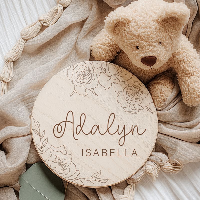 Baby Announcement Sign with Rose, Baby Name Sign for Hospital, Pregnancy Reveal, Personalized Wooden Birth Announcement, Maternity Prop (4")