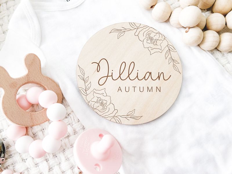 Baby Announcement Sign with Rose, Baby Name Sign for Hospital, Pregnancy Reveal, Personalized Wooden Birth Announcement, Maternity Prop (4")