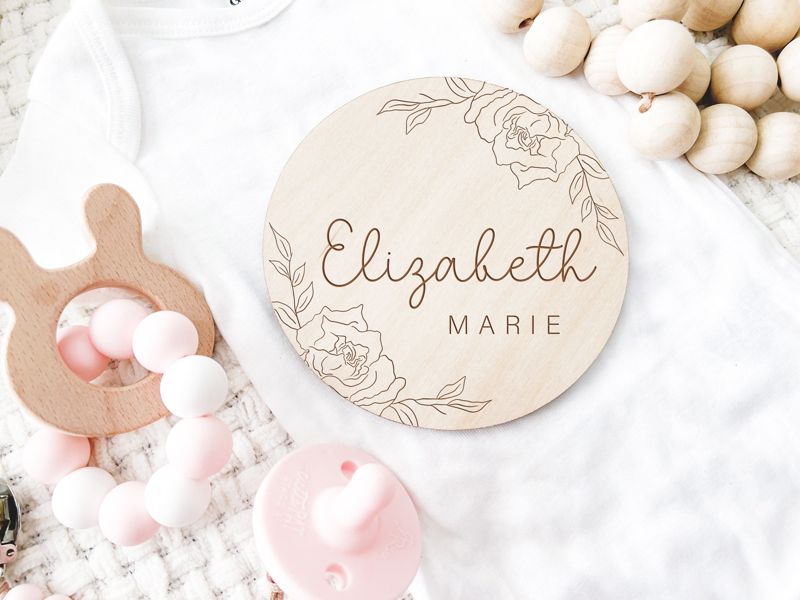 Baby Announcement Sign with Rose, Baby Name Sign for Hospital, Pregnancy Reveal, Personalized Wooden Birth Announcement, Maternity Prop (4")