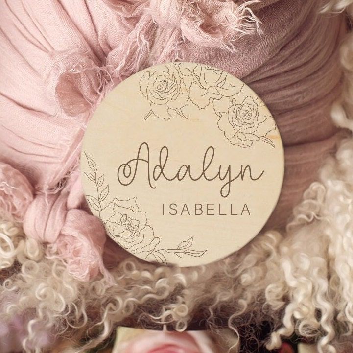 Baby Announcement Sign with Rose, Baby Name Sign for Hospital, Pregnancy Reveal, Personalized Wooden Birth Announcement, Maternity Prop (4")