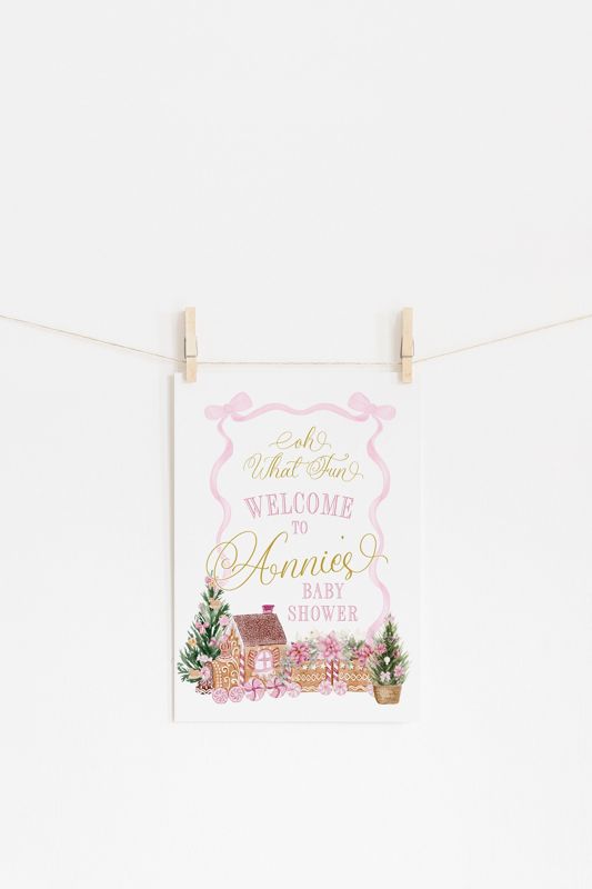 Pink Christmas Baby Shower Welcome Sign, Winter Baby Sprinkle - Gingerbread Sip and See - Baby Girl - 18x24 Printable