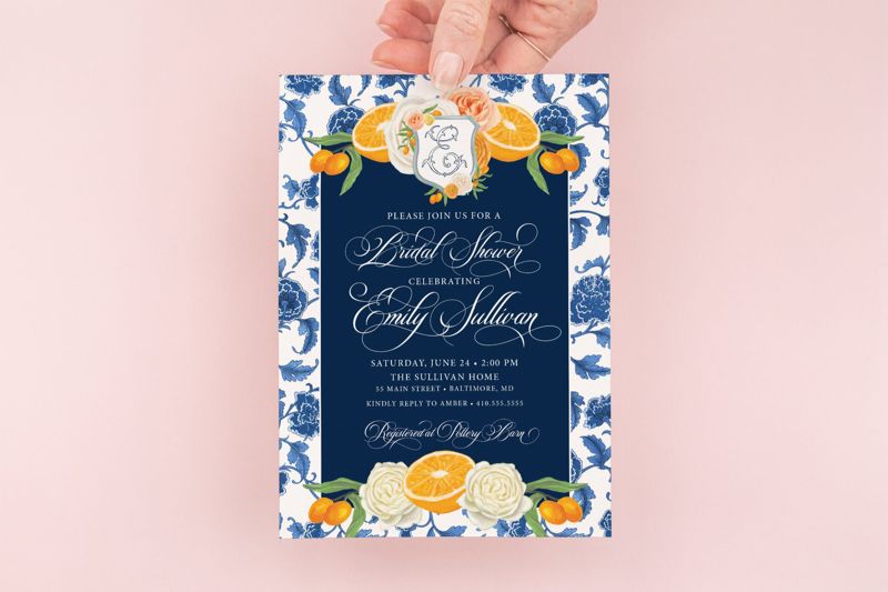 Citrus Bridal Shower Invitation  - Monogram Crest Bridal Invite -  Chinoiserie Bridal Brunch - Orange Ginger Jar - Classic Blue and White (10 printed invitations | Plain White Envelopes)