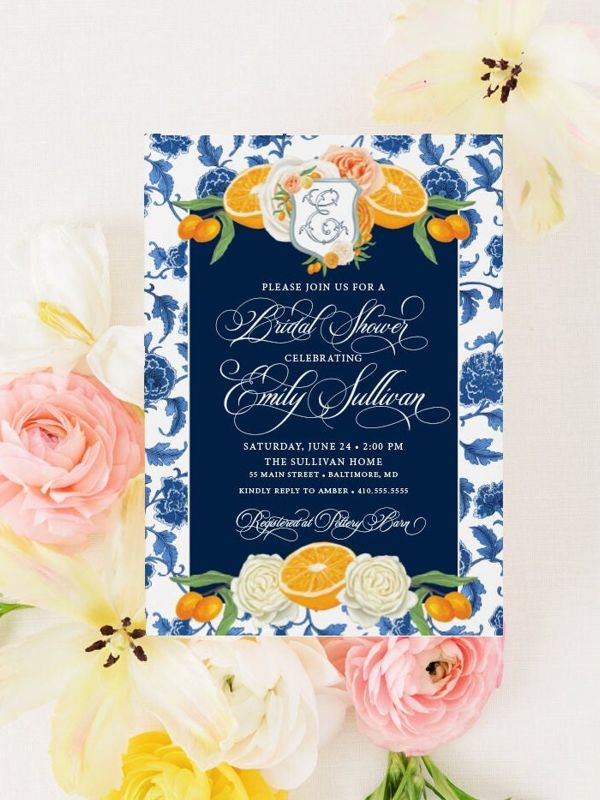 Citrus Bridal Shower Invitation  - Monogram Crest Bridal Invite -  Chinoiserie Bridal Brunch - Orange Ginger Jar - Classic Blue and White (10 printed invitations | Plain White Envelopes)
