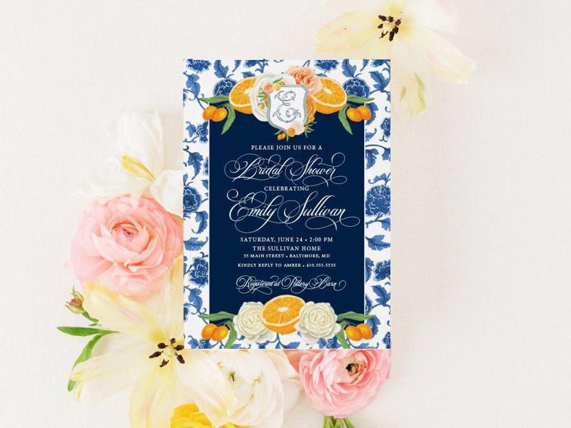 Citrus Bridal Shower Invitation  - Monogram Crest Bridal Invite -  Chinoiserie Bridal Brunch - Orange Ginger Jar - Classic Blue and White (10 printed invitations | Plain White Envelopes)
