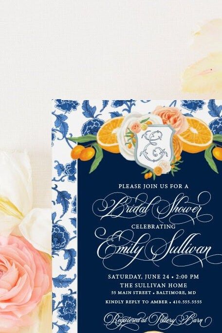 Citrus Bridal Shower Invitation  - Monogram Crest Bridal Invite -  Chinoiserie Bridal Brunch - Orange Ginger Jar - Classic Blue and White (10 printed invitations | Plain White Envelopes)