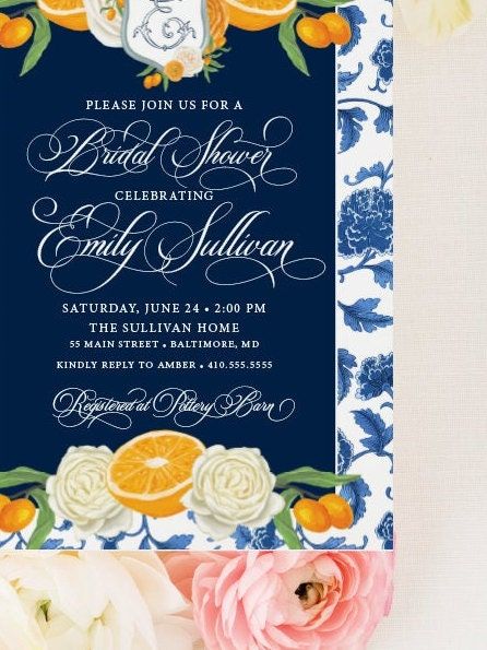Citrus Bridal Shower Invitation  - Monogram Crest Bridal Invite -  Chinoiserie Bridal Brunch - Orange Ginger Jar - Classic Blue and White (10 printed invitations | Plain White Envelopes)