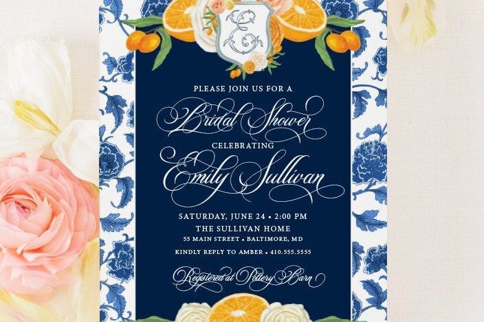 Citrus Bridal Shower Invitation  - Monogram Crest Bridal Invite -  Chinoiserie Bridal Brunch - Orange Ginger Jar - Classic Blue and White (10 printed invitations | Plain White Envelopes)
