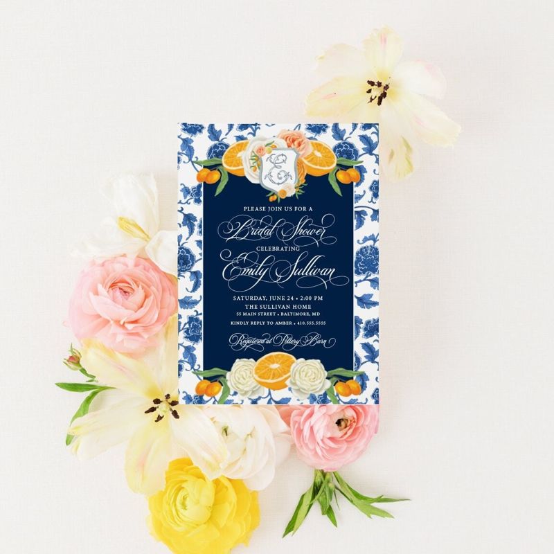 Citrus Bridal Shower Invitation  - Monogram Crest Bridal Invite -  Chinoiserie Bridal Brunch - Orange Ginger Jar - Classic Blue and White (10 printed invitations | Plain White Envelopes)