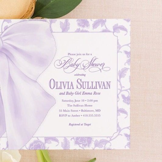 Lilac Baby Girl Shower Invitations, baby sprinkle girl, whimsical chinoiserie, grandmillenial lavender garden tea party southern sip and see (10 printed invitations | Plain White Envelopes)