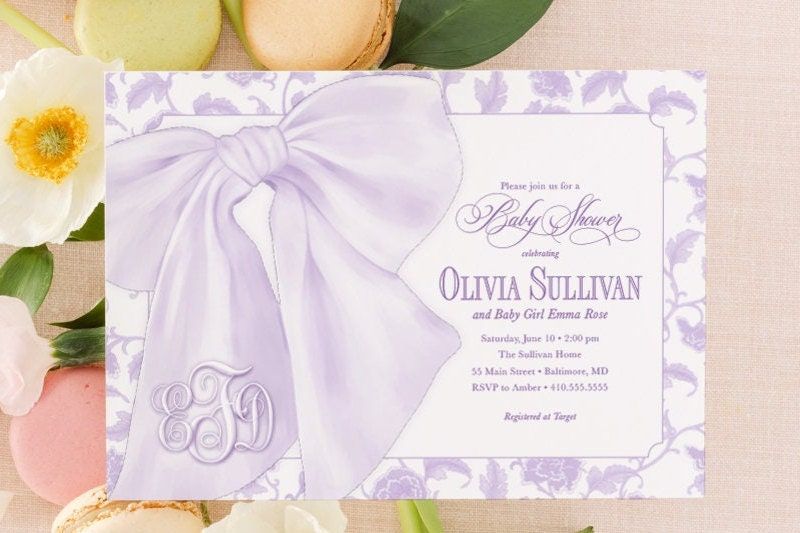Lilac Baby Girl Shower Invitations, baby sprinkle girl, whimsical chinoiserie, grandmillenial lavender garden tea party southern sip and see (10 printed invitations | Plain White Envelopes)