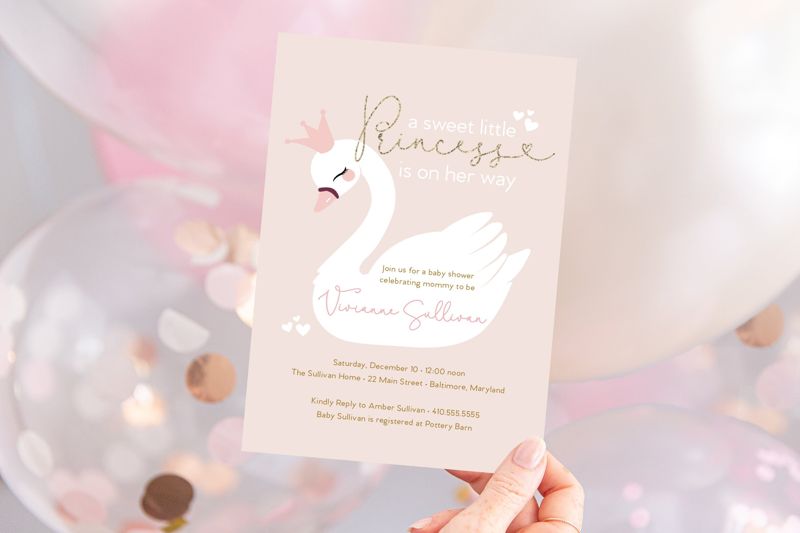 Swan Baby Shower Invitation - Swan Invites - Swan Princess Invite - Pink Swan Party - Girl Baby Shower - Unique Shower (10 printed invitations | Plain White Envelopes)