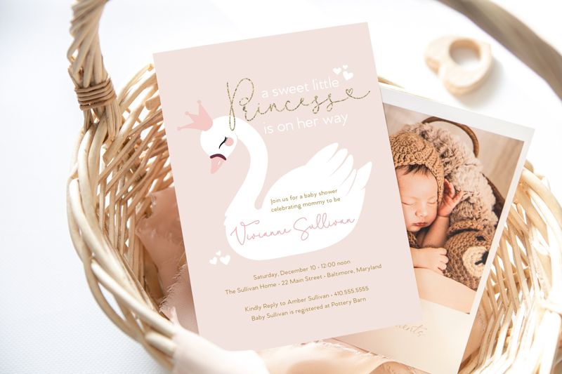 Swan Baby Shower Invitation - Swan Invites - Swan Princess Invite - Pink Swan Party - Girl Baby Shower - Unique Shower (10 printed invitations | Plain White Envelopes)