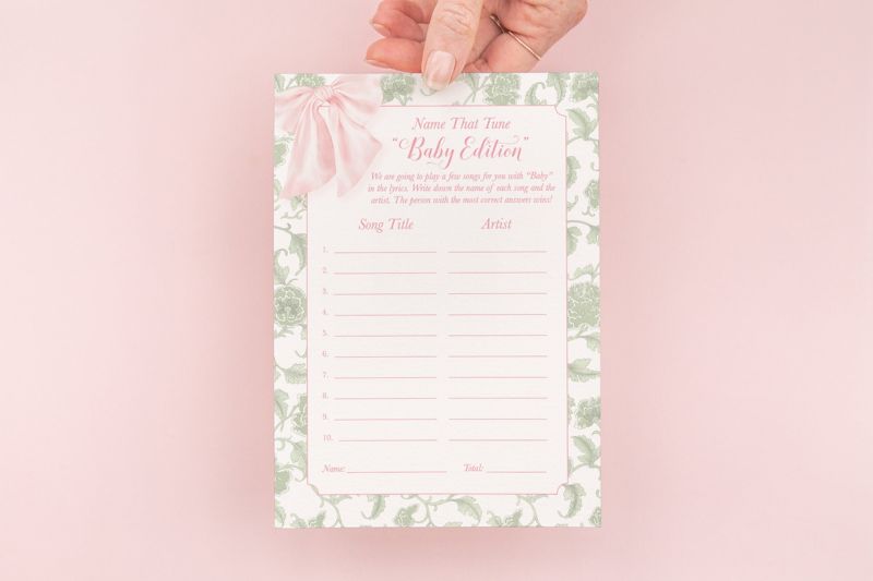 Name That Tune Game for Girl Baby Shower Printed Game Cards - Baby Girl Shower - Pink Bow Sage Green Chinoiserie (20 printed cards)