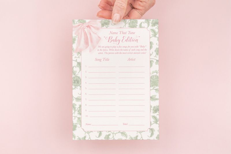 Name That Tune Game for Girl Baby Shower Printed Game Cards - Baby Girl Shower - Pink Bow Sage Green Chinoiserie (20 printed cards)