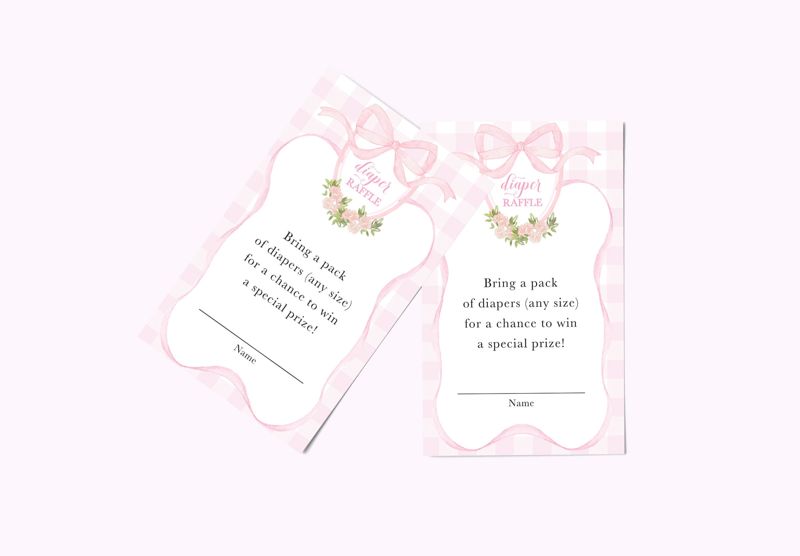 Pink Gingham Diaper Raffle Card - Watercolor Floral Gingham Baby Shower - Book Request Insert Cards Printed - Girl Baby Shower (20 printed cards)