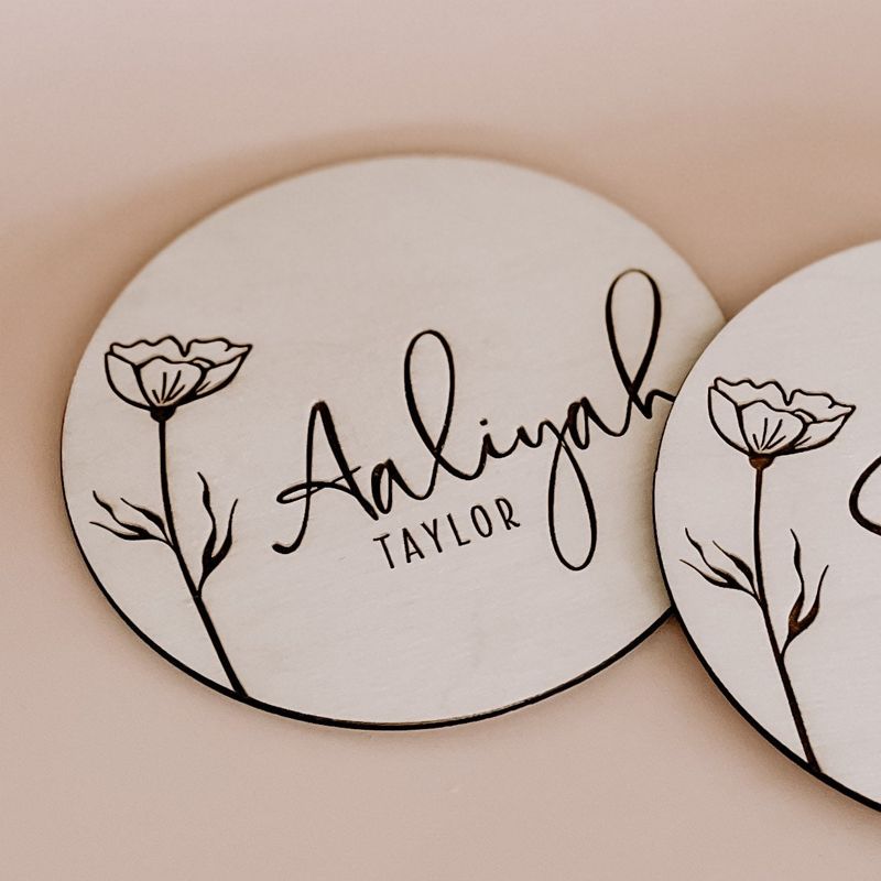 Floral Wooden Baby Name Announcement Sign | Flower Engraved Baby Name Reveal Plaque | Modern Birth Announcement | Newborn Photo Prop wood (4")
