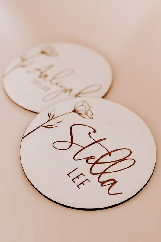 Floral Wooden Baby Name Announcement Sign | Flower Engraved Baby Name Reveal Plaque | Modern Birth Announcement | Newborn Photo Prop wood (4")