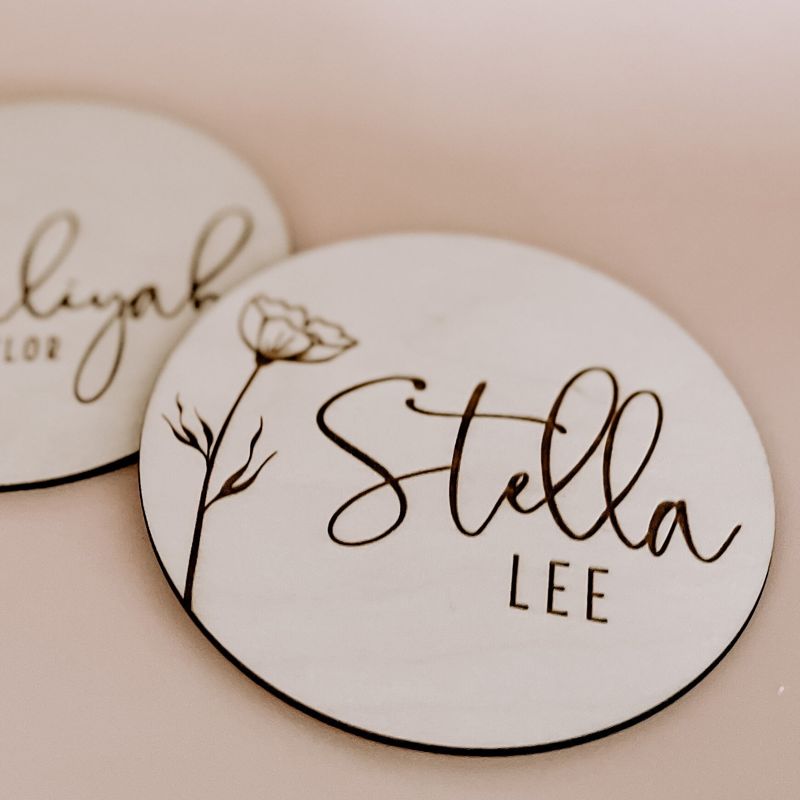 Floral Wooden Baby Name Announcement Sign | Flower Engraved Baby Name Reveal Plaque | Modern Birth Announcement | Newborn Photo Prop wood (4")
