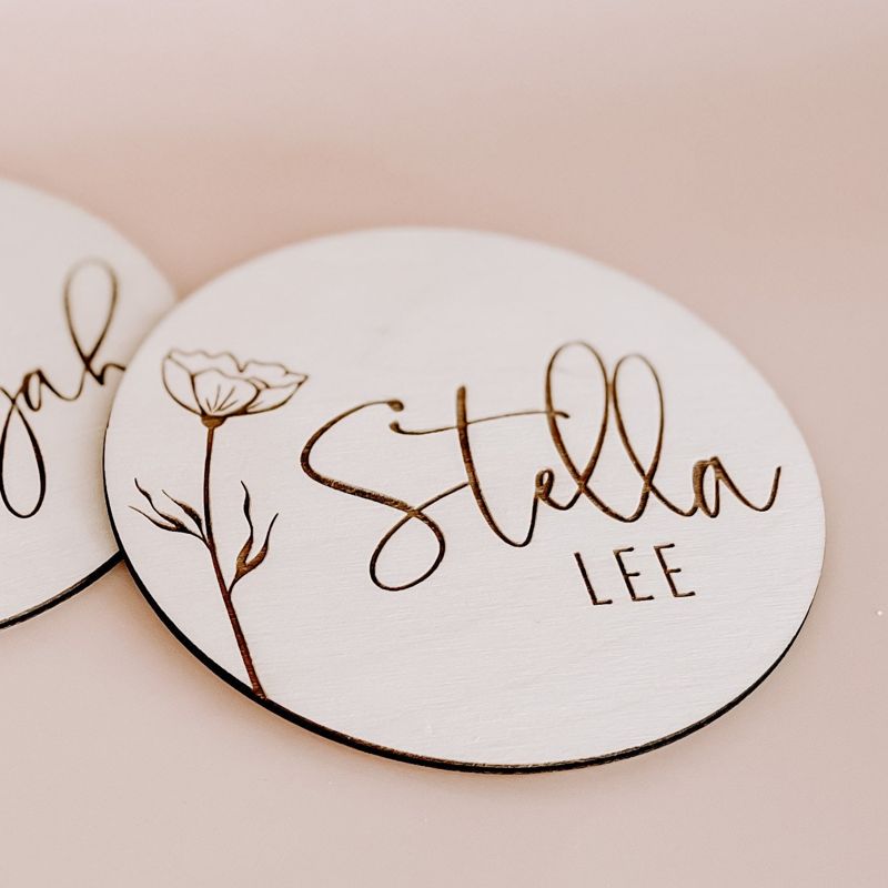 Floral Wooden Baby Name Announcement Sign | Flower Engraved Baby Name Reveal Plaque | Modern Birth Announcement | Newborn Photo Prop wood (4")