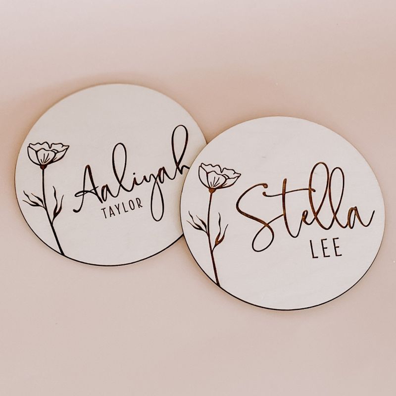 Floral Wooden Baby Name Announcement Sign | Flower Engraved Baby Name Reveal Plaque | Modern Birth Announcement | Newborn Photo Prop wood (4")