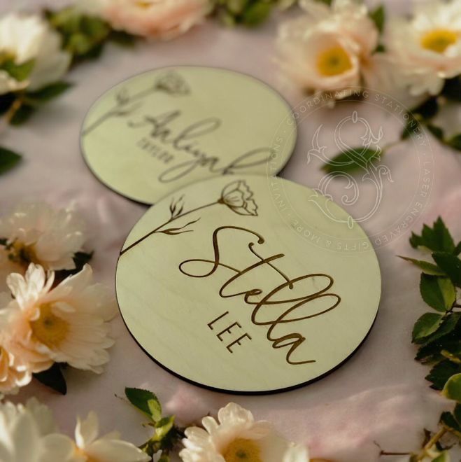 Floral Wooden Baby Name Announcement Sign | Flower Engraved Baby Name Reveal Plaque | Modern Birth Announcement | Newborn Photo Prop wood (4")